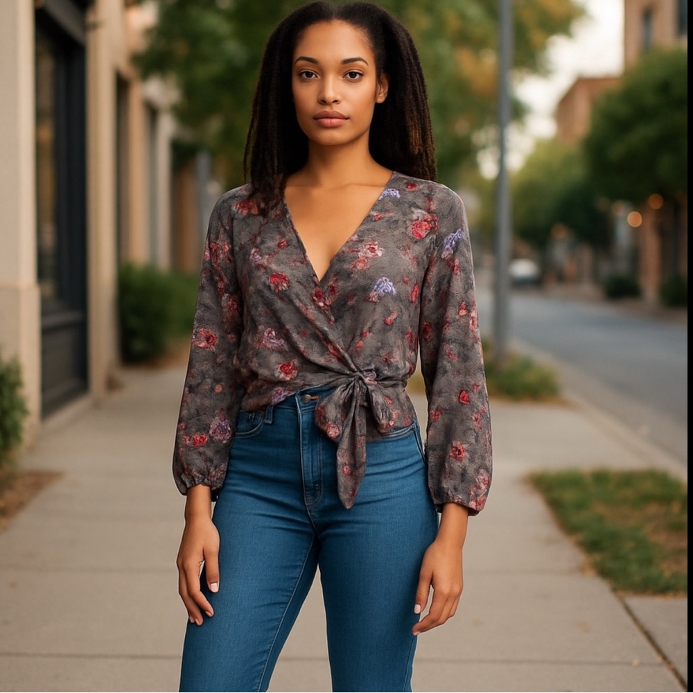 New York Laundry 2X Wrap Top Brown Plaid Floral Long Sleeve Tie Front NWT - Picture 2 of 7